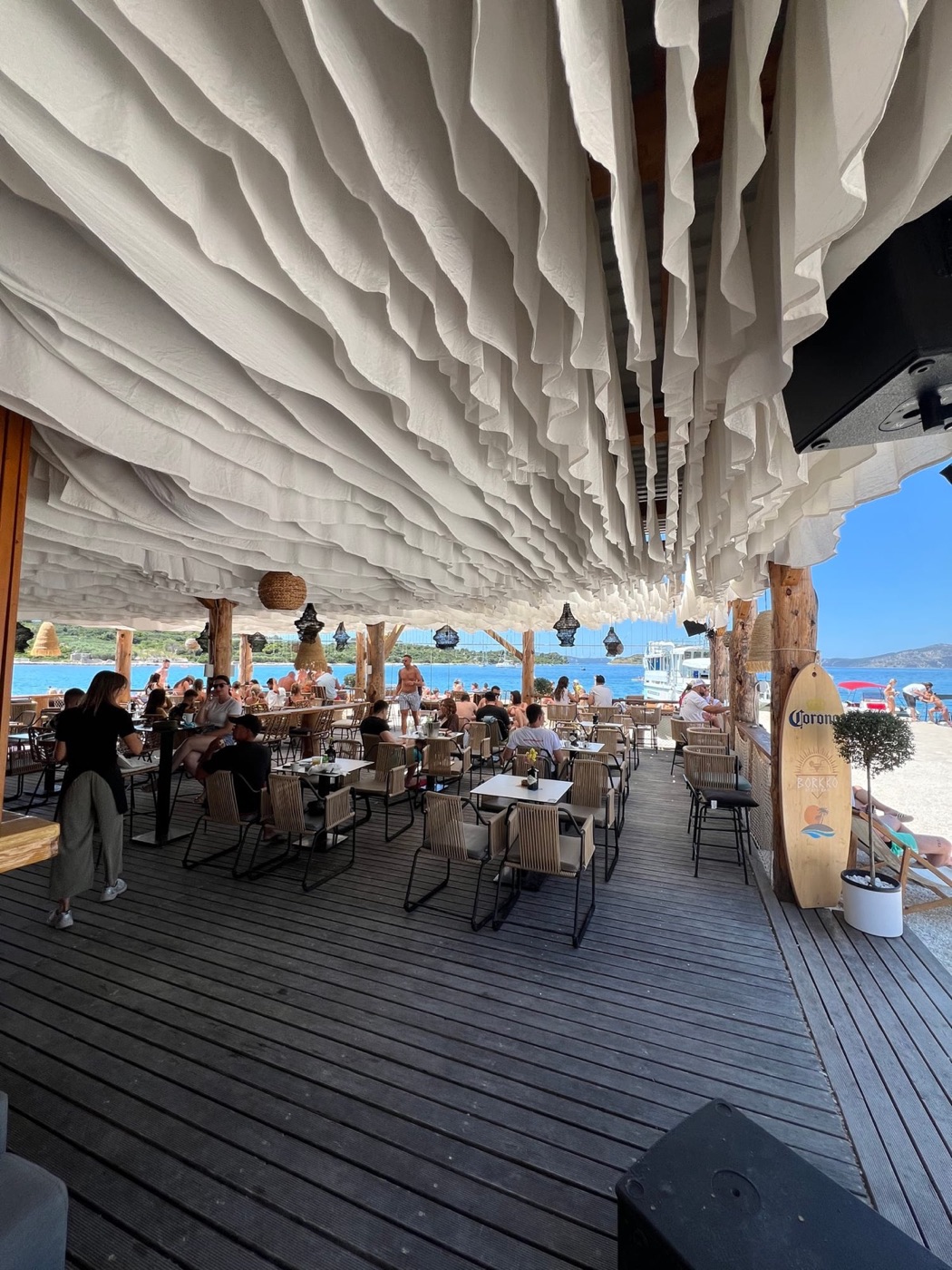 Beach club terrace stop on a private Dalmatian boat tour